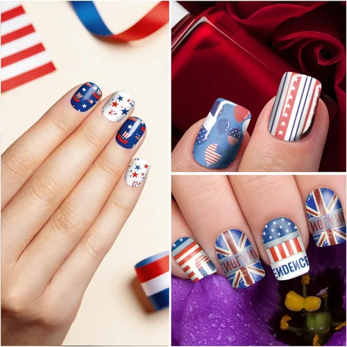 Vista 5 de Paquete de 16 hojas de esmalte de uñas para el Día de la Independencia, tiras de esmalte de uñas de gel autoadhesivas, con bandera estadounidense