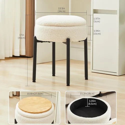 Vista 3 de Taburete de tocador con almacenamiento, taburete de maquillaje multifuncional y mesa auxiliar de terciopelo de peluche, sillas de almacenamiento