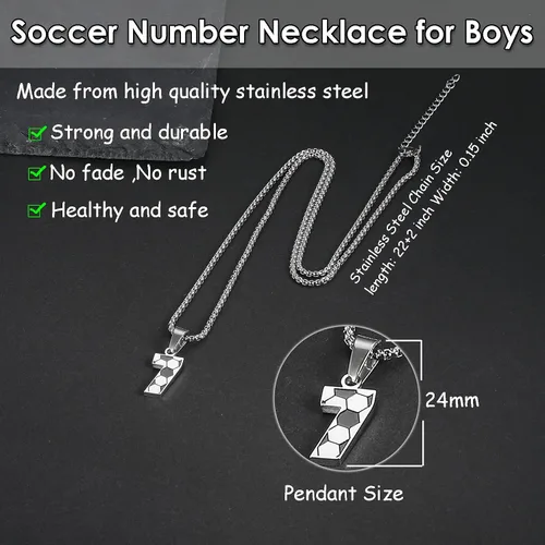 Vista 3 de ZRAY Collar con número de fútbol para niños, dije de acero inoxidable, cadena de plata de 22 + 2 pulgadas, regalo de fútbol personalizado