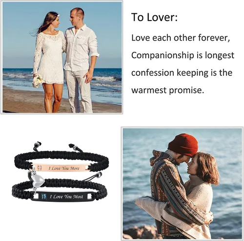 Vista 4 de MPRAINBOW Pulsera personalizada a juego para parejas, con nombre personalizado, palabras de promesa, grabadas, pulseras de relación de atracción
