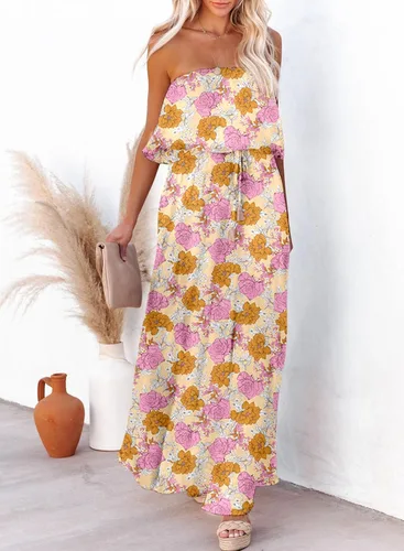 Vista 2 de Dokotoo Vestidos sin tirantes para mujer, casual, de verano, cintura alta, con abertura lateral, estilo bohemio, maxi vestido
