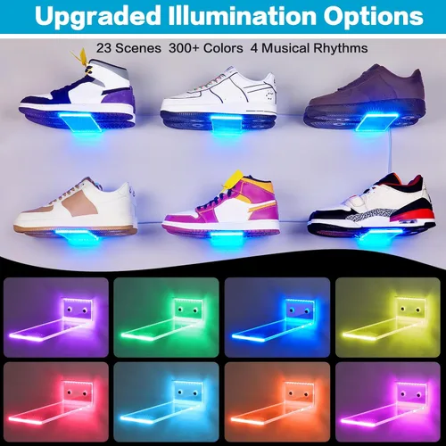 Vista 3 de DILIBRA Paquete de 12 estantes flotantes de exhibición de zapatos con luces, estantes de exhibición de zapatos que cambian de color brillante