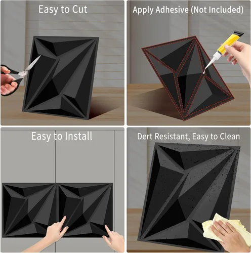 Vista 4 de Paneles decorativos de pared 3D, paquete de 33 azulejos texturizados de PVC de 12 x 12 pulgadas, color negro, cubre 33 pies cuadrados, arte de pared