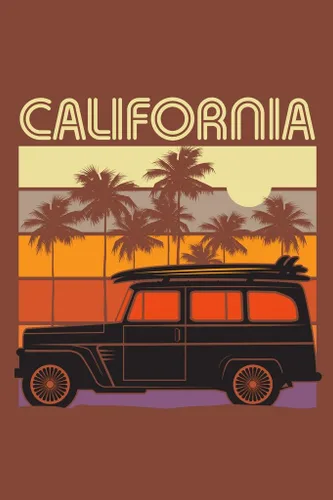Vista 2 de Póster laminado de California Vintage Retro Travel con tablero de surf de coche clásico en el techo, surf, playa, palmeras, ilustración fotográfica