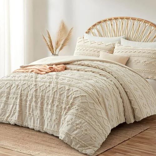 Vista 2 de Oli Anderson Juego de Edredón Beige Queen Acolchado Juego de Ropa de Cama Queen 3 Piezas, Edredón Boho Shabby Chic con 2 Fundas de Almohada