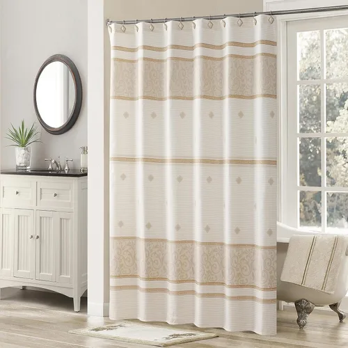 Vista 21 de Arlene - Cortina bohemia con borde bordado cosido azul para ventana, par de paneles de borlas blancas, cada uno de 42 pulgadas de ancho x 84
