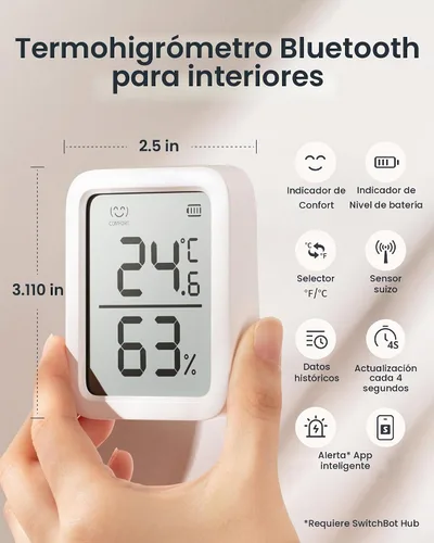 Vista 2 de Termómetro Higrómetro SwitchBot, Medidor de Humedad Interior Bluetooth para el Hogar, Sensor de Temperatura con Control de Aplicación, Gran Pantalla