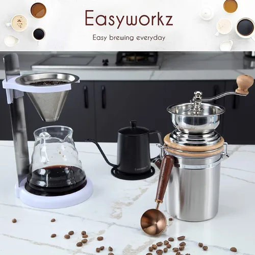 Vista 6 de Easyworkz Molinillo de café manual con recipiente hermético,Ajuste ajustable,Herramienta de molino de grano de café de rebabas de acero inoxidable