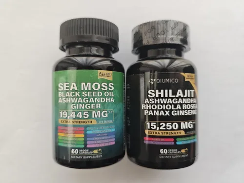 Vista 2 de Paquete de musgo marino y shilajit, musgo marino 7000 mg, aceite de semilla negra 4000 mg, Ashwagandha 2000 mg, jengibre y shilajit 9000 mg
