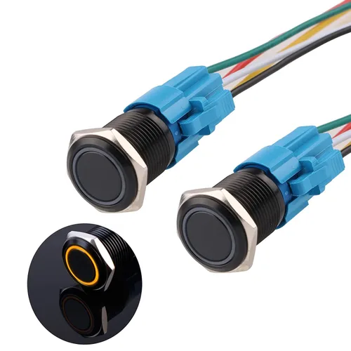 Vista 11 de Interruptor de botón con cierre de 0.630 in, anillo 3A, LED, 12V-24V, interruptor de botón de metal negro, carcasa de aluminio autobloqueante