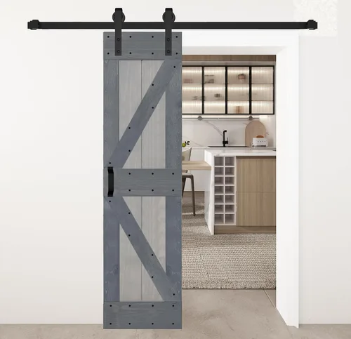 Vista 6 de Serie K - Puerta corrediza de granero de madera maciza con acabado marrón/nogal de 38 x 84 pulgadas con kit de herrajes (requiere montaje)