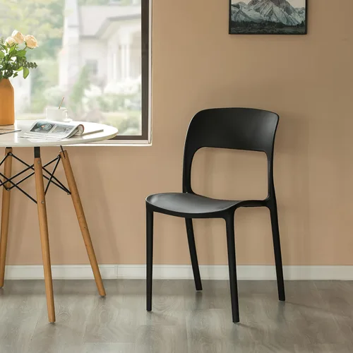 Vista 2 de Silla de comedor moderna de plástico para exteriores con respaldo curvado abierto, color negro