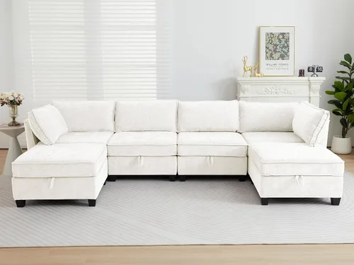 Vista 8 de ORRD Juego de sofá modular esquinero de gran tamaño, sofá convertible en forma de L con almacenamiento, sofá modular de 8 plazas con otomanas y Beige