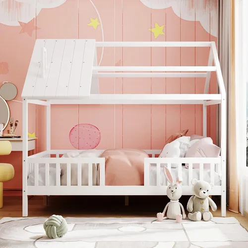 Vista 3 de Merax Cama de casa completa para niños, marco de cama matrimonial de madera en forma de casa, marco de cama con ventanas de techo y barandillas