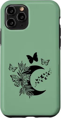 Vista 10 de Funda de bruja Wicca Wicca para iPhone 15, diseño de luna y mariposa, color verde salvia