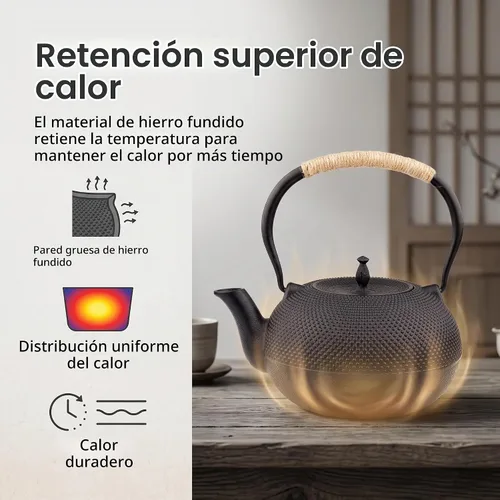 Vista 5 de Tetera grande de hierro fundido, tetera japonesa Tetsubin para estufa, tetera de hierro fundido con infusor de acero inoxidable para té suelto e