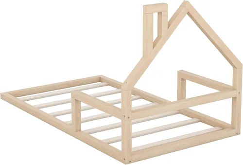 Vista 7 de Quarte Cama de suelo de madera de tamaño individual con cabecera en forma de casa, marco de cama de plataforma de madera para dormitorio,