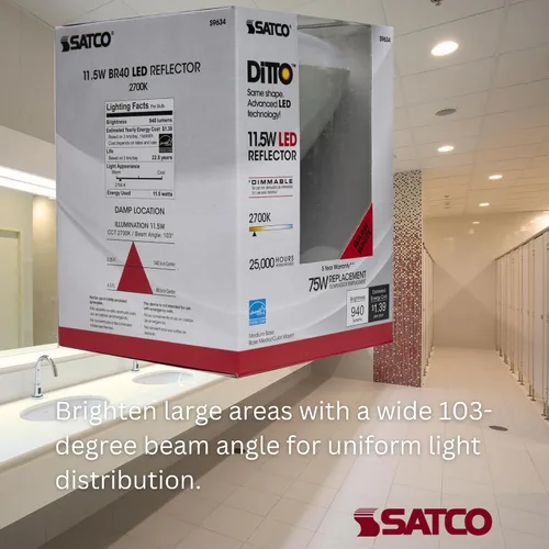 Vista 4 de Satco Bombilla LED S9634 BR40 de 11.5 W, 2700 K blanco cálido, 940 lúmenes, ángulo de haz 103, regulable, base mediana E26, paquete de 6