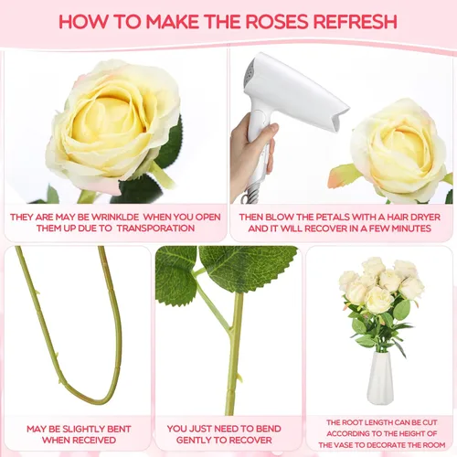 Vista 3 de Jexine 50 rosas artificiales de seda realistas a granel con tallo largo de plástico, ramo de flores artificiales de aspecto real para el hogar