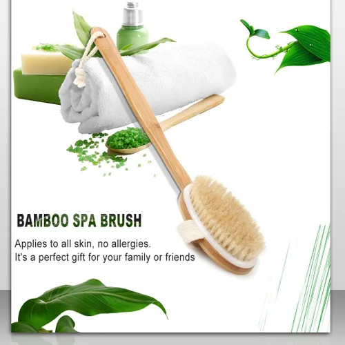 Vista 3 de Cepillo corporal de baño y ducha, cepillado de piel seca con cerdas de jabalí 100% naturales y mango desmontable de bambú de 16 pulgadas de largo