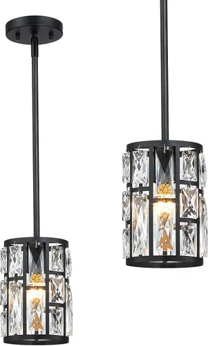 Vista 2 de MEXO Lámpara colgante de cristal moderna de 2 piezas con acabado mate negro, iluminación colgante, candelabro de cristal para sala de estar, cocina