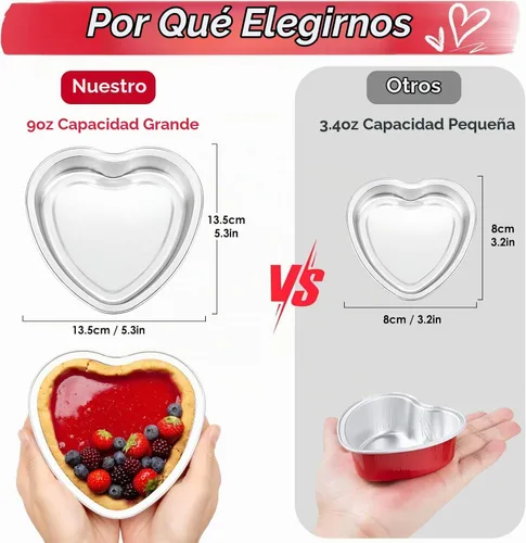 Vista 4 de Moldes grandes en forma de corazón para hornear, 20 juegos de recipientes desechables de papel de aluminio de 9 onzas con tapas, molde
