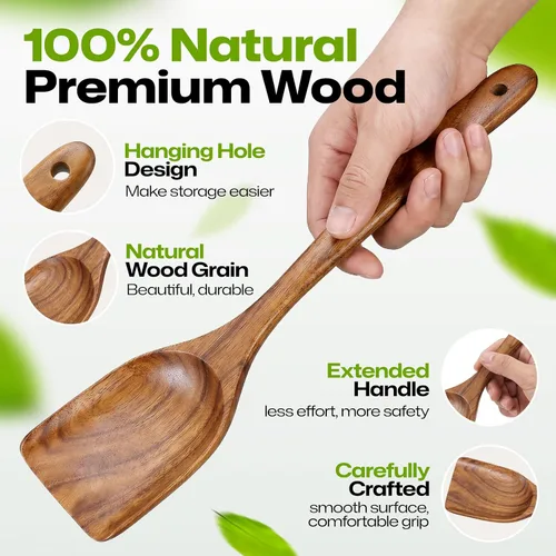 Vista 6 de AIUHI Juego de espátulas de madera de teca de 2 piezas, espátulas de cocina de madera para voltear, freír y servir, utensilios de cocina de madera