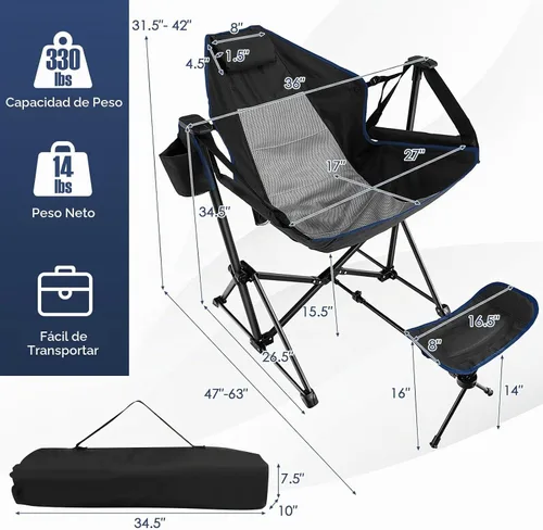 Vista 3 de Giantex Hamaca para exteriores, silla de campamento, mecedora con reposapiés extraíble, respaldo ajustable, almohada, soporte para tazas, bolsa
