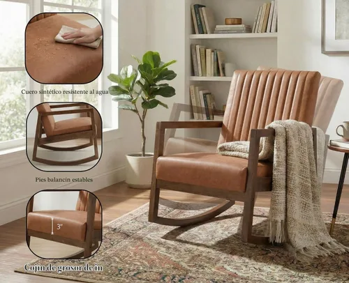 Vista 5 de CIMOTA Mecedora moderna de cuero de mediados de siglo, silla tapizada con brazo con asiento acolchado, marco de madera, cómoda mecedora para sala