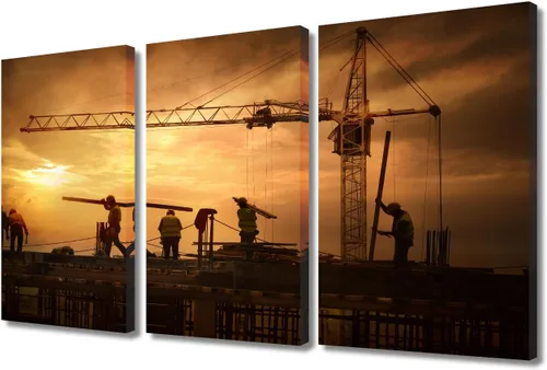 Vista 26 de TUMOVO Arte de pared con diseño de grúa para dormitorio, 3 piezas de grúa pesada al anochecer en un sitio de construcción, póster, pintura, arte