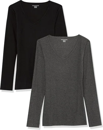 Vista 12 de Amazon Essentials - Camisas de manga larga de punto con cuello en V de canalé para mujer, de ajuste delgado para superposición