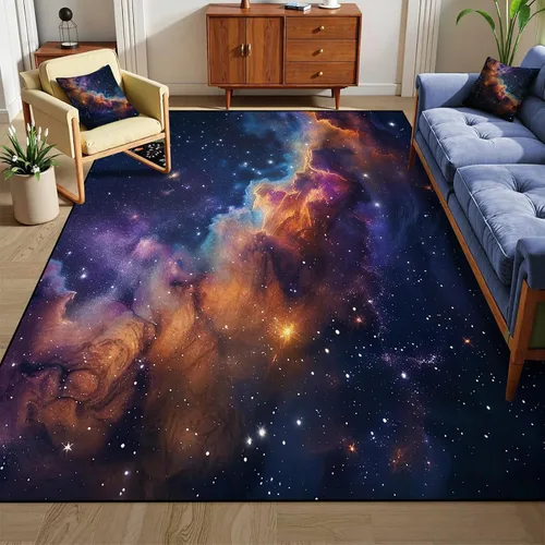 Vista 12 de Alfombra galaxia de 2 x 3 pies para habitación de niños, alfombra de cielo estrellado de pelo bajo, antideslizante, lavable, alfombra nebulosa