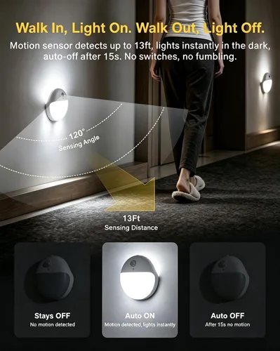 Vista 3 de YUNLEX Paquete de 2 luces nocturnas a batería, luces de inodoro, luz de sensor de movimiento pequeño de 2.6 pulgadas, luces adhesivas, 3 modos