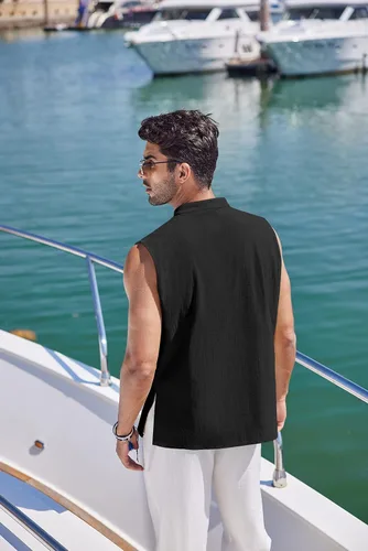Vista 4 de COOFANDY Camisetas sin mangas de algodón y lino para hombre, estilo casual, estilo Henley, color negro