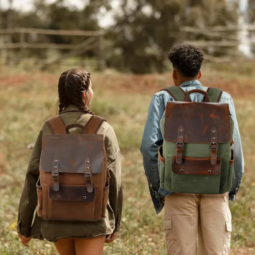 Vista 8 de Modoker Mochila de lona encerada, mochila de cuero para hombres y mujeres, mochila vintage de viaje para laptop de 15.6 pulgadas, mochila retro