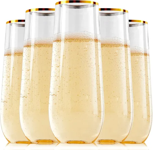 Vista 8 de FOCUSLINE Paquete de 24 Copas de Champán de Plástico Transparente de 9 Oz, Copas de Champán de Plástico Sin Tallo Transparentes, Vasos para Brindis