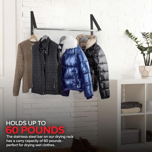 Vista 5 de Doble Perchero Plegable para Ropa con Barra Extensible, Perchero Retráctil Montado en Pared para Secador de Ropa, Barra de Secado Colgante, Pequeños