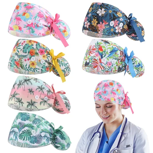 Vista 9 de 6 gorras de uniforme médico con lazo para mujer, sombreros de enfermería con botones ajustables para atar en la espalda, gorra de trabajo