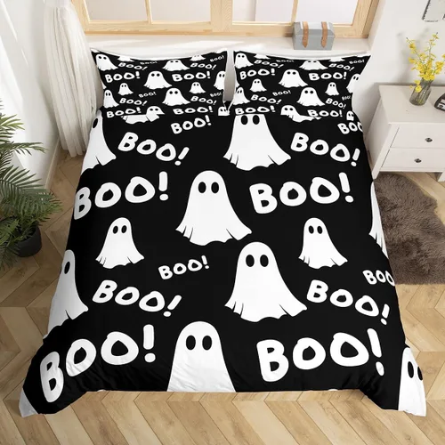 Vista 21 de Funda de edredón con diseño de murciélago, juego de ropa de cama de murciélago negro y naranja, funda de edredón temática de Halloween