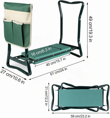 Vista 3 de Roixeeds Taburete plegable de jardín con bolsa de herramientas, almohadilla de espuma EVA, herramientas prácticas de jardín para arrodillarse