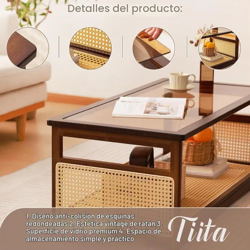 Vista 4 de Tiita Mesa de centro de bambú, tapa de vidrio, almacenamiento de ratán Marrón-42.5"x20.8"x16.5
