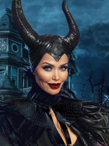 Vista 2 de L'VOW chal gótico con plumas negras y cuernos de Maleficent, disfraz de cuervo para Halloween