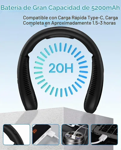 Vista 7 de Aire acondicionado de cuello, ventilador de cuello portátil con placa de refrigeración de flujo de aire de 360°, ventilador USB recargable de 5200