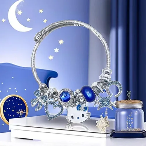 Vista 5 de ToamE Pulsera azul con texto en inglés "Star Moon Hello KITTY, accesorio Kawaii", pulsera ajustable de acero inoxidable, regalo de cumpleaños