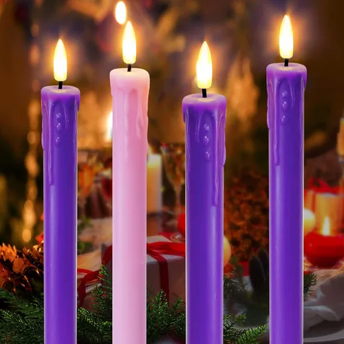 Vista 5 de Juego de 4 Luces de Velas LED de Navidad, Velas Cónicas que Funcionan con Batería para Corona de Adviento, 3 Moradas 1 Rosa Velas de Cera Sin Llama