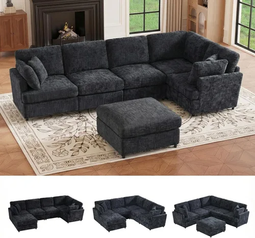 Vista 25 de Sofá seccional modular de 97 pulgadas con 5 asientos, sofá cómodo convertible en forma de L con almacenamiento en reposabrazos y dos almohadas