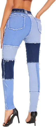 Vista 2 de Dxyufazhe Jeans elásticos de cintura alta para mujer, pantalones de mezclilla deshilachados a la moda