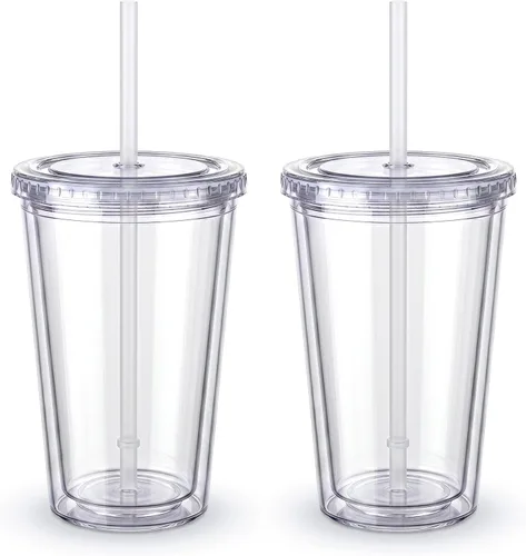 Vista 10 de Zukro Vaso acrílico transparente con pajita y tapa de 32 oz, vaso de plástico reutilizable aislado de doble pared para café helado, vaso para llevar