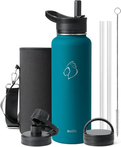 Vista 22 de BUZIO Botella de agua de 32 onzas aislada con popote y 3 tapas y bolsa de transporte, a prueba de fugas, frasco jarra de agua de acero inoxidable