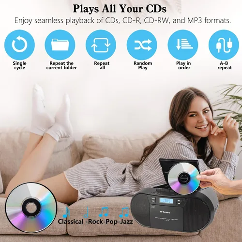 Vista 3 de Boombox Reproductor de CD Portátil, Combo Reproductor de Casetes con CD MP3 Bluetooth AUX TF USB Radio FM Alimentado por AC/DC, Caja de Boom